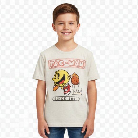 PAC-MAN Basketball Graphic Tee – Size S (6–7) – Retro Gamer Kids Shirt - Picture 1 of 16